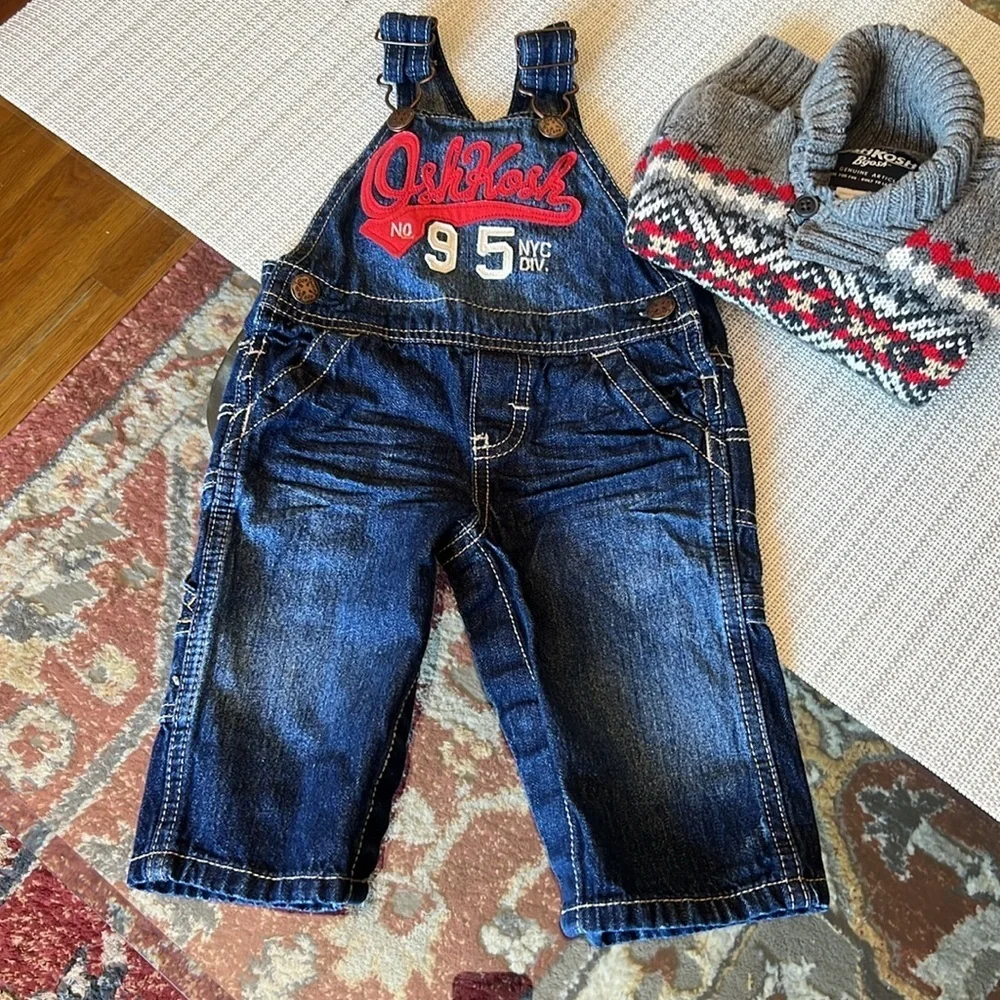 Oshkosh Embroidered Overalls size 6-9months, sweater 12 M.